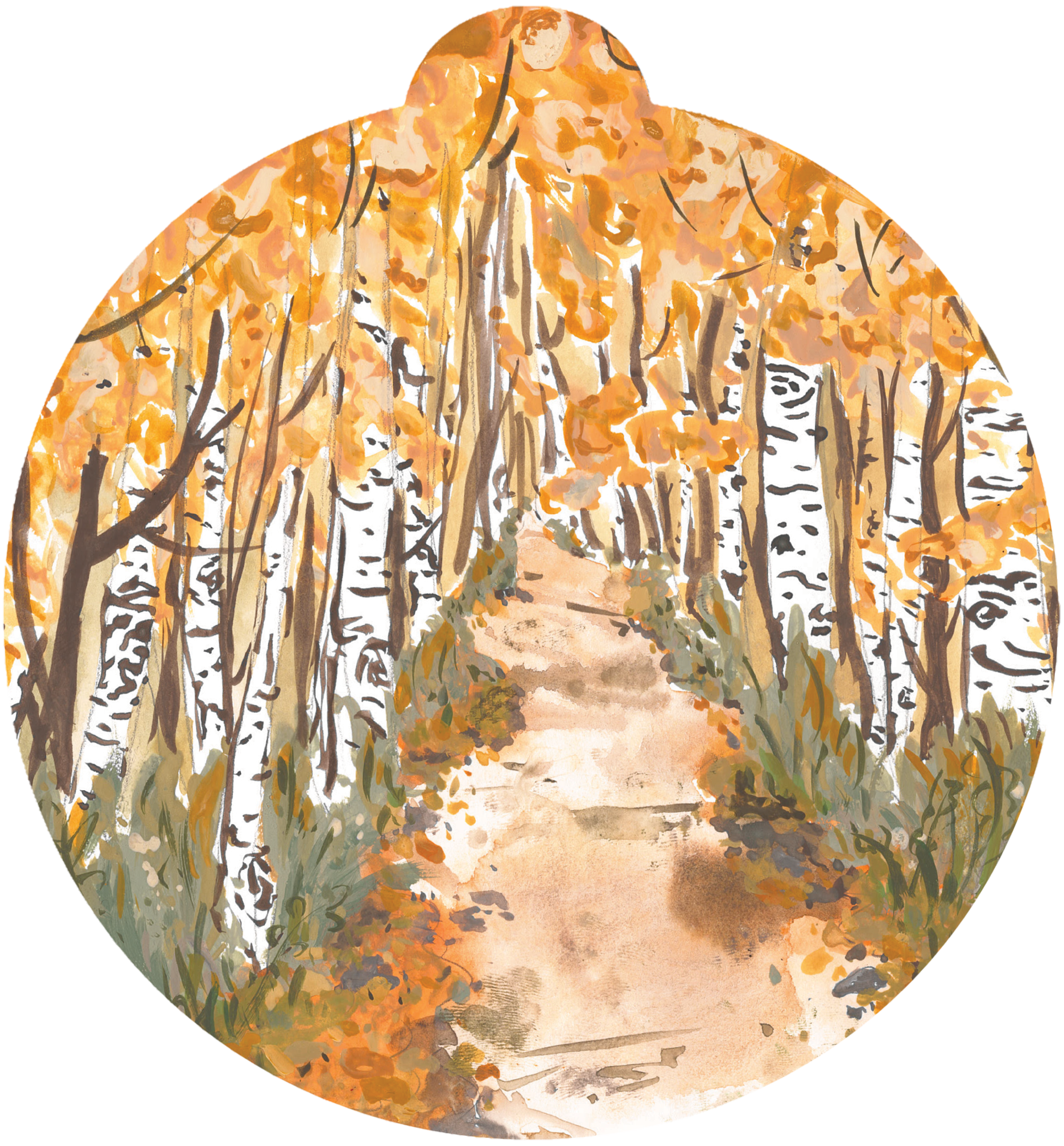 ornament depicting a path leading up through birch trees with orange leaves