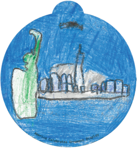 ornament depicting the New York City skyline, including the Statue of Liberty