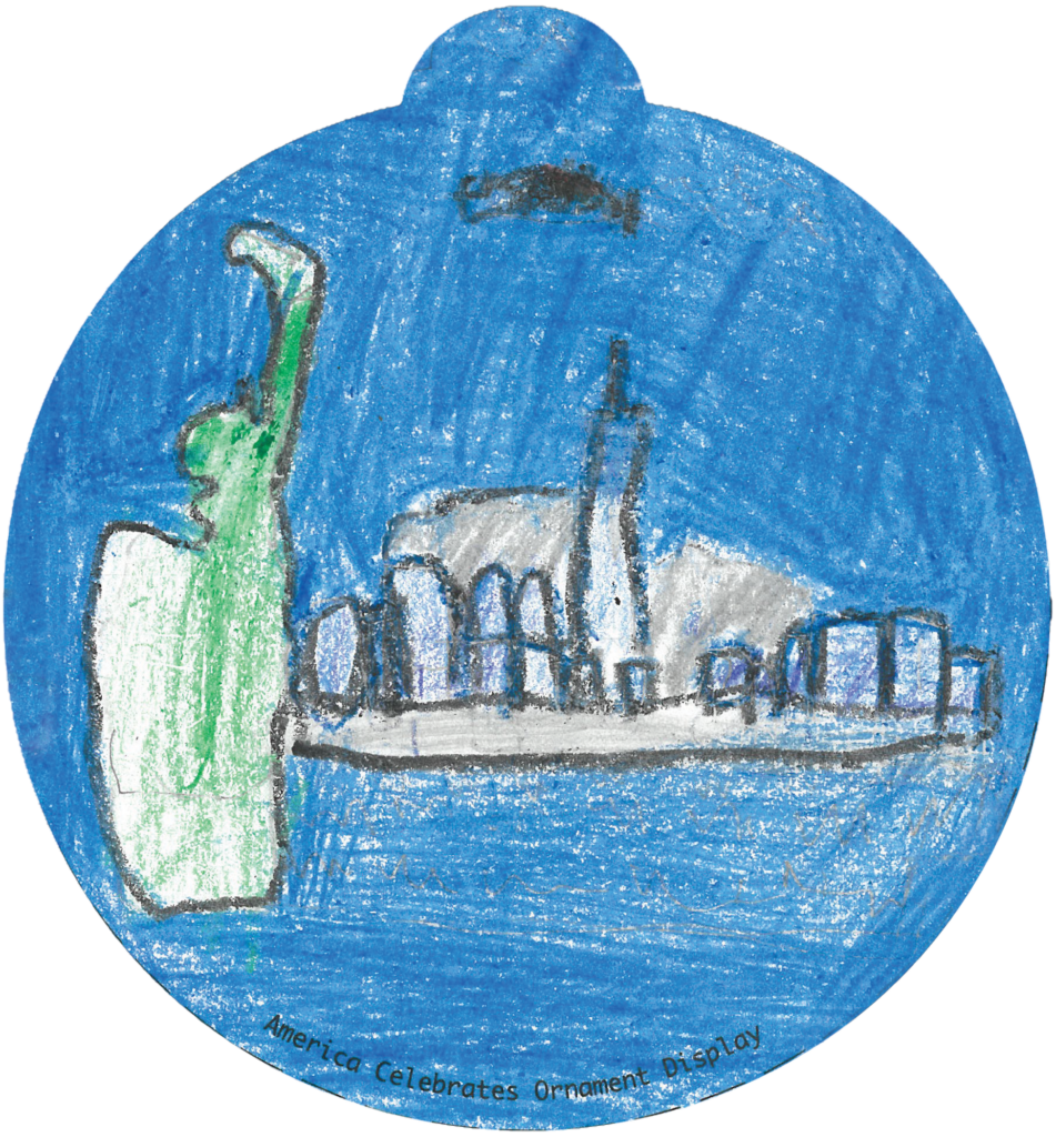 ornament depicting the New York City skyline, including the Statue of Liberty