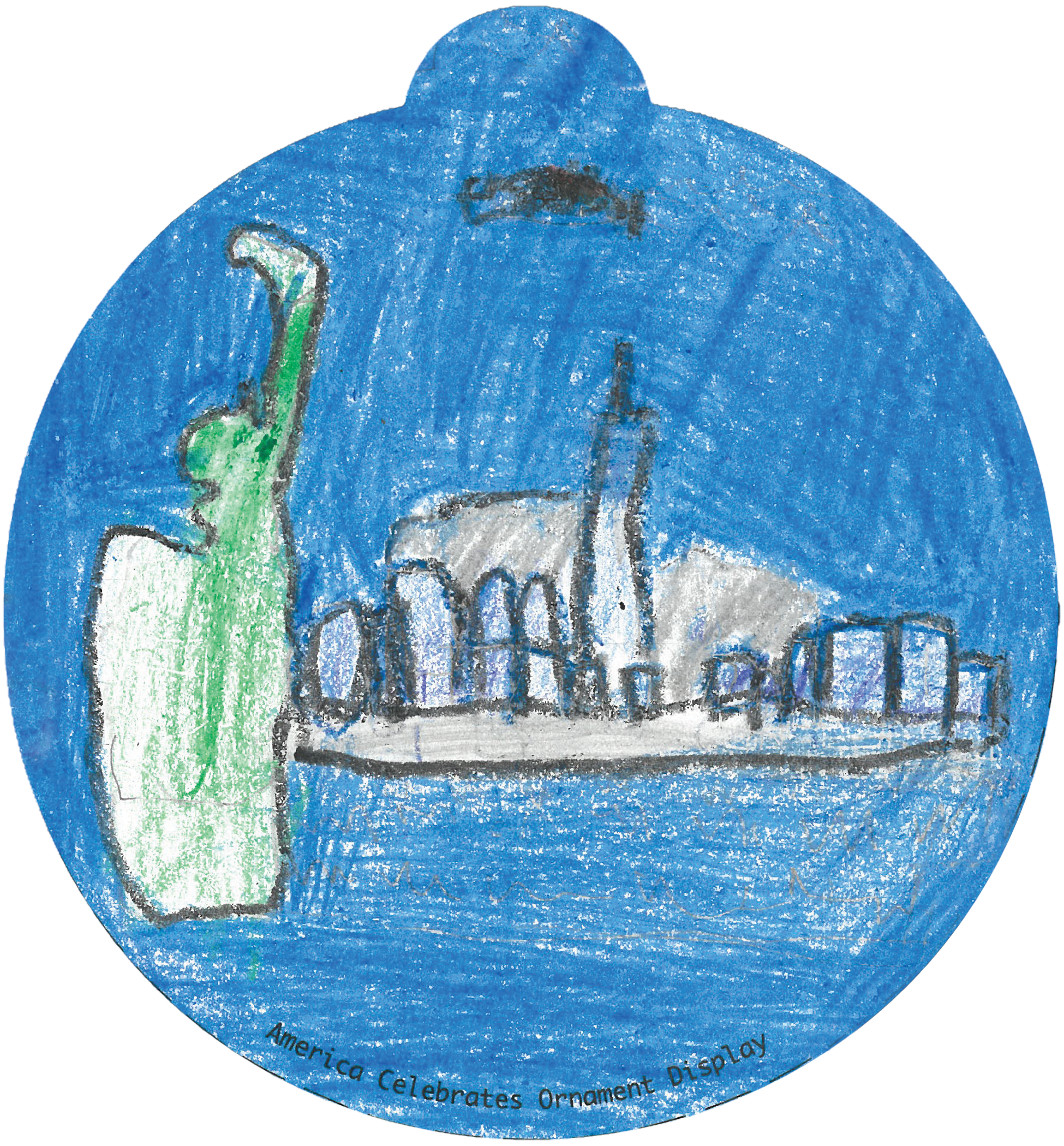 ornament depicting the New York City skyline, including the Statue of Liberty