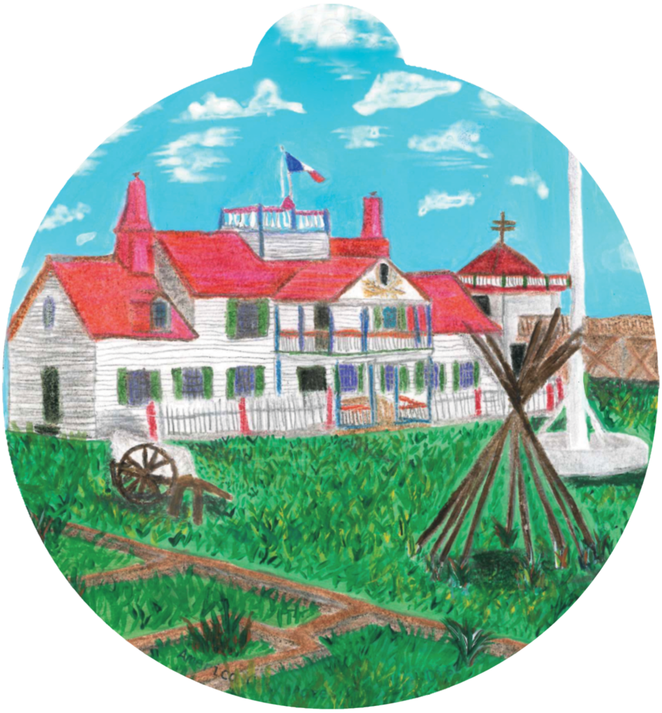 ornament depicting a two-story building, with gardens outside