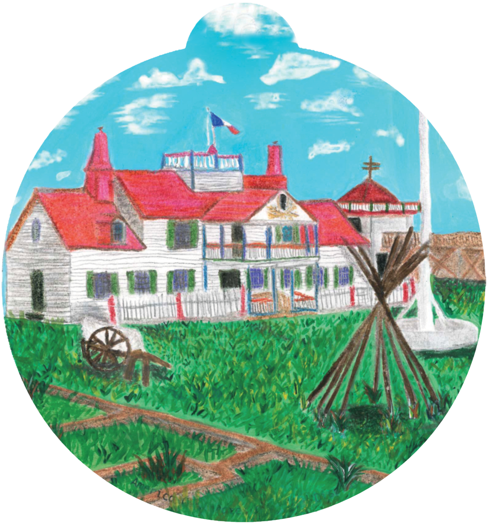ornament depicting a two-story building, with gardens outside