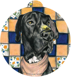 ornament depicting a black hound dog against a quilted background