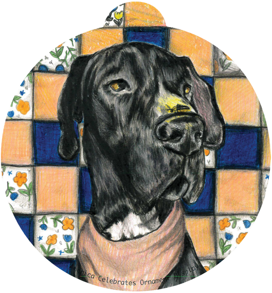 ornament depicting a black hound dog against a quilted background