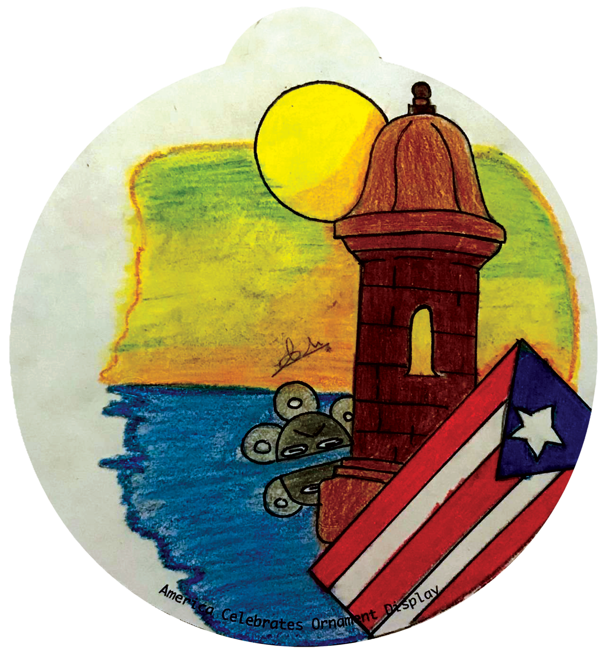ornament depicting the Puerto Rico flag, a stone tower, and the ocean against a sunset