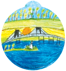 ornament depicting fields, a bridge over water