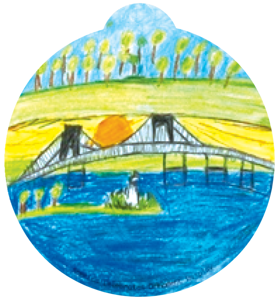 ornament depicting fields, a bridge over water