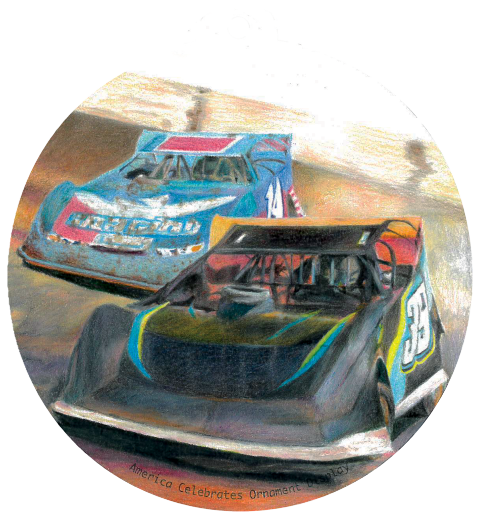 ornament depicting two nascar vehicles racing