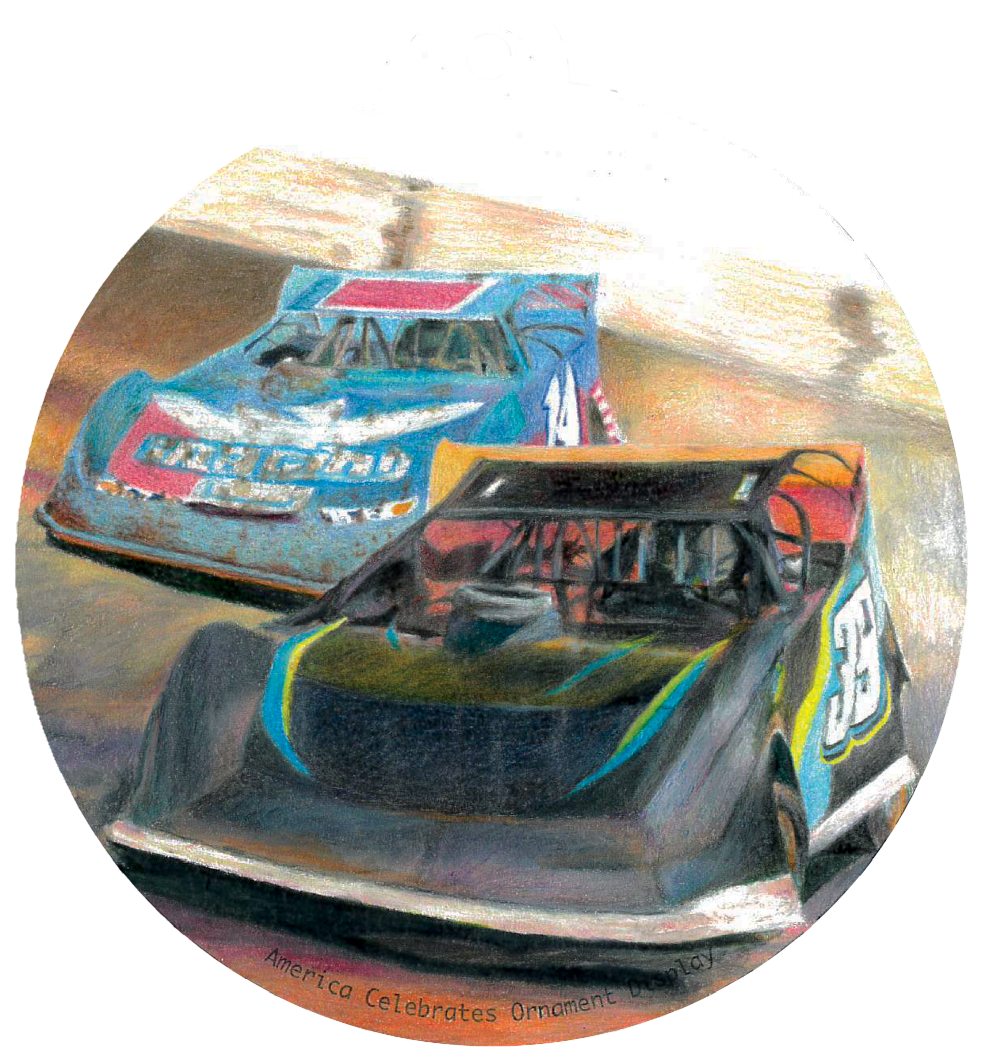 ornament depicting two nascar vehicles racing
