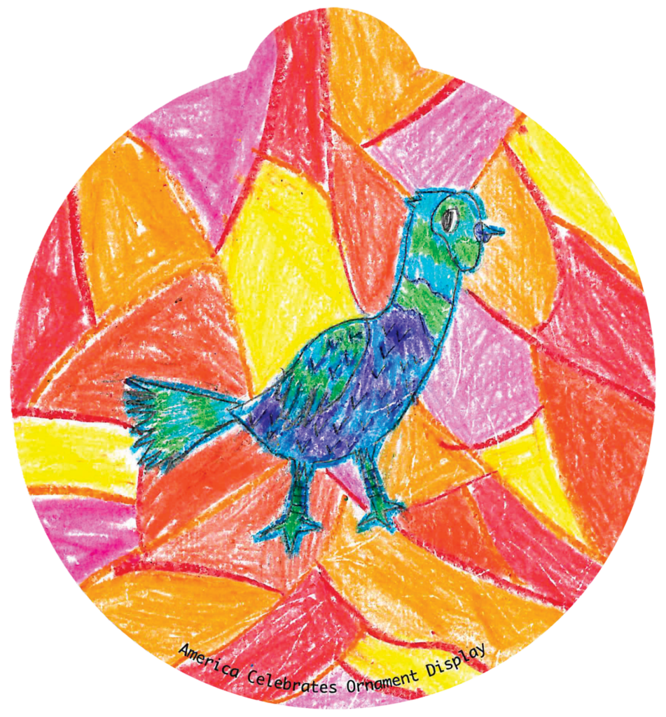 ornament depicting a blue bird against an orange, pink, and yellow mosaic background