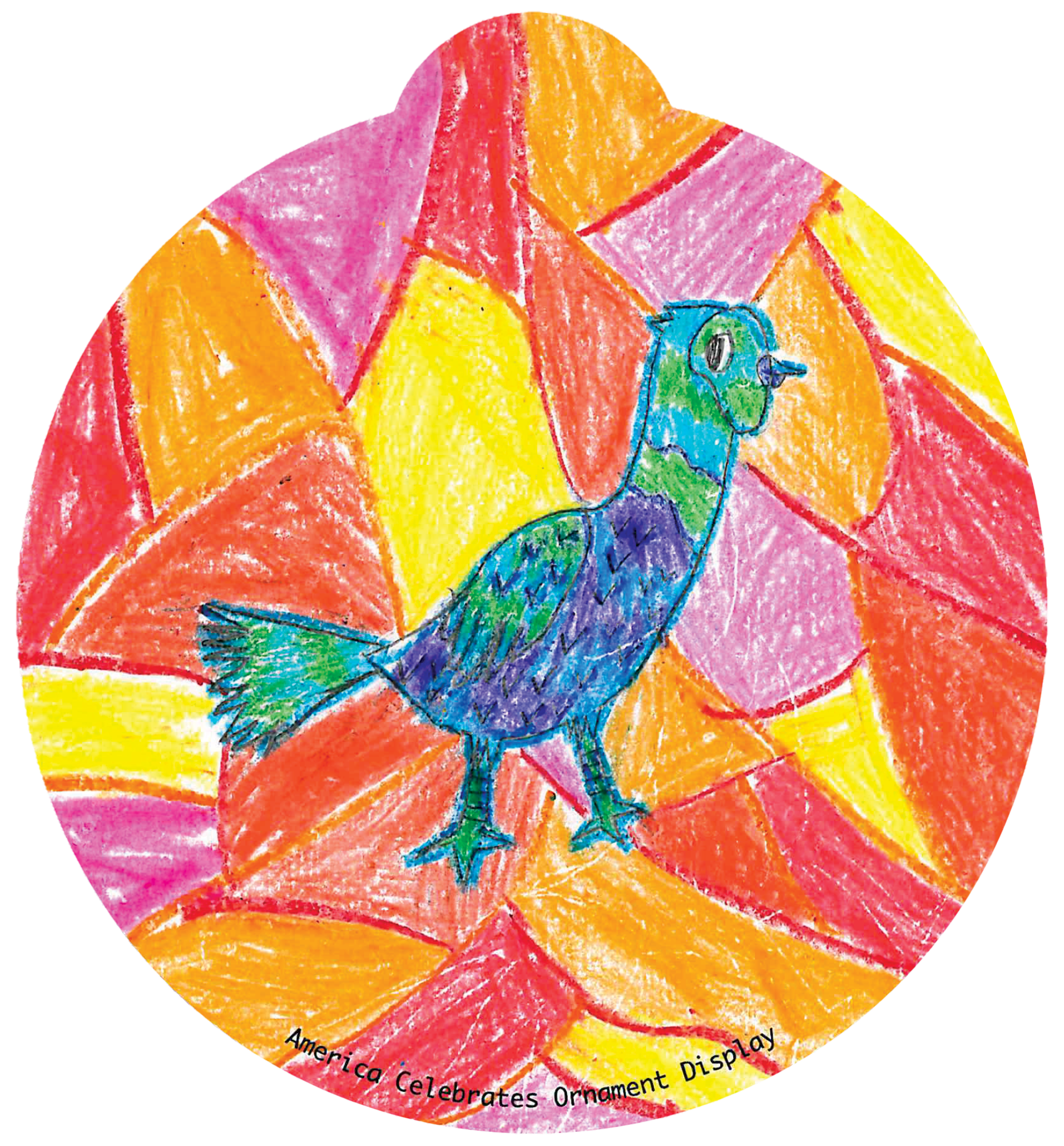 ornament depicting a blue bird against an orange, pink, and yellow mosaic background