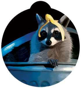 ornament depicting a raccoon with a banana peel on its head