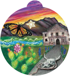 ornament depicting the Alamo, a monarch butterfly, mountains, cacti, and a sunset