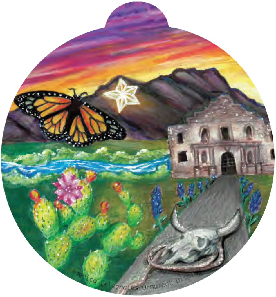 ornament depicting the Alamo, a monarch butterfly, mountains, cacti, and a sunset