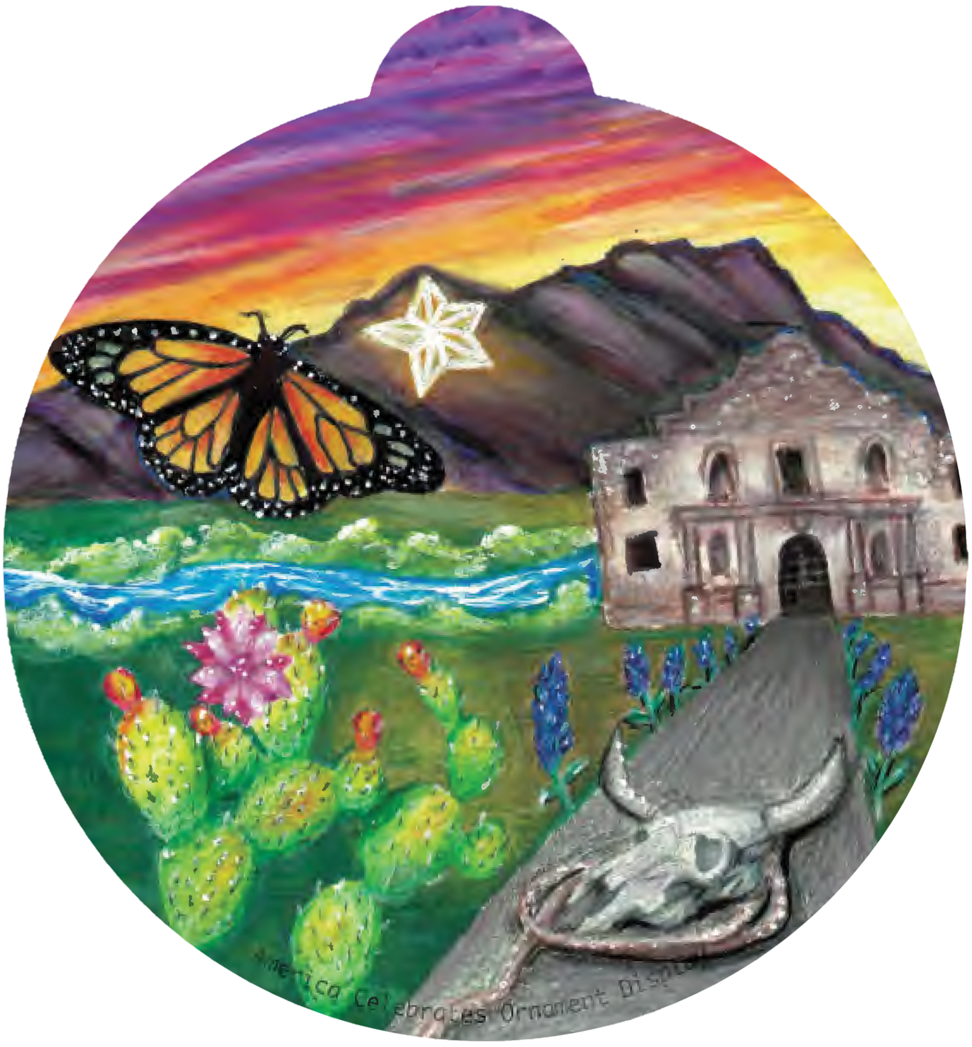ornament depicting the Alamo, a monarch butterfly, mountains, cacti, and a sunset