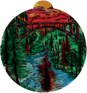 ornament depicting New River Gorge, including the bridge, a sunset, and a river