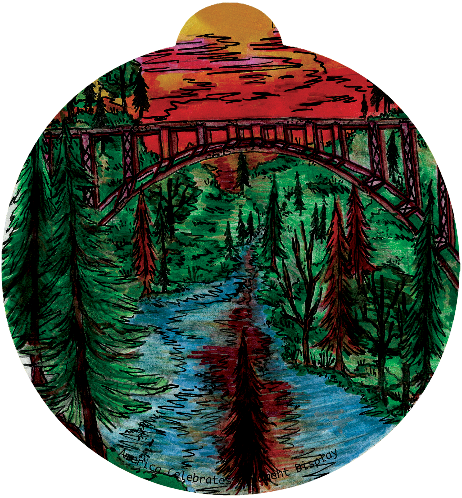 ornament depicting New River Gorge, including the bridge, a sunset, and a river