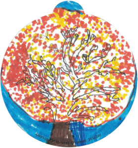 ornament depicting a tree with yellow and orange leaves