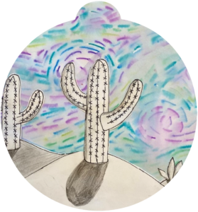 ornament depicting cacti in greyscale, against a swirling sky of blues and purples