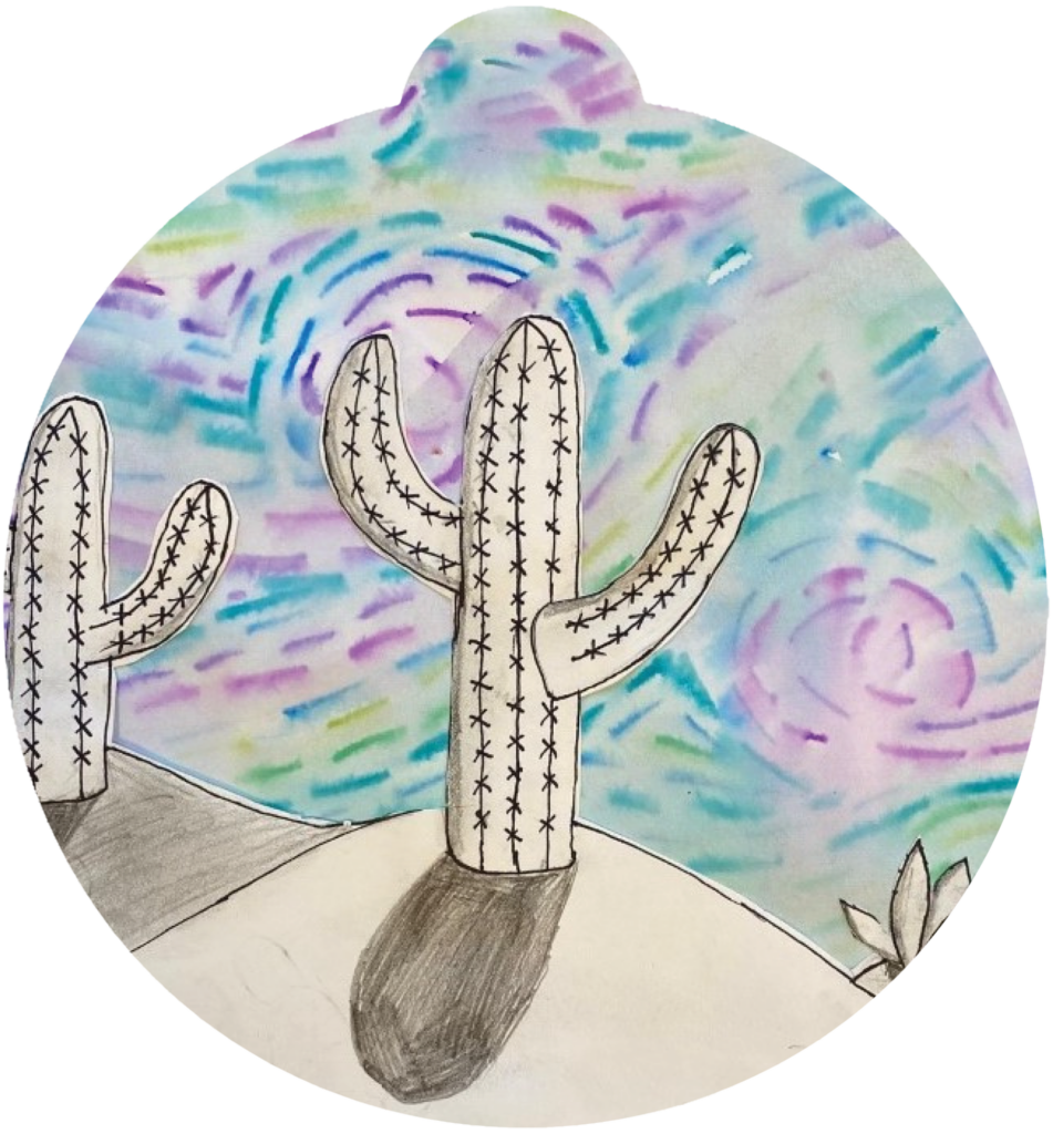 ornament depicting cacti in greyscale, against a swirling sky of blues and purples