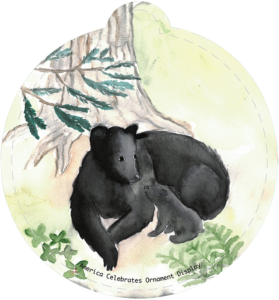 Illustration of a black bear laying at the base of a tree trunk