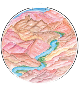 Illustration of pink and orange mountains with a river running through them