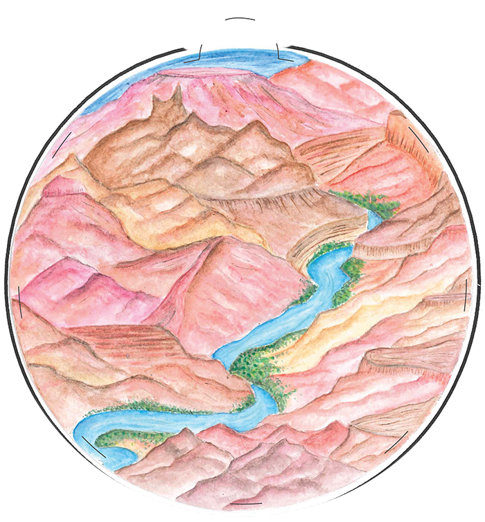 Illustration of pink and orange mountains with a river running through them