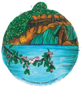 Illustration of a flowering branch reaching across a lake