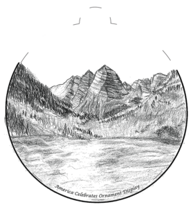 Black and white illustration of a mountain range and lake