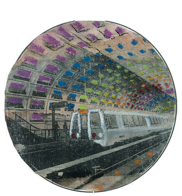 Illustration of a metro car pulling into an underground station