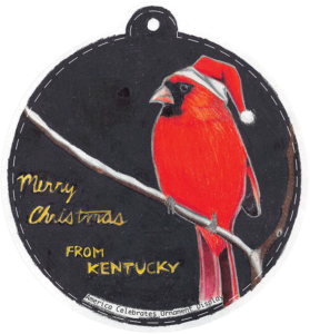 Illustration of a cardinal bird wearing a santa hat. Text reads "Merry Christmas from Kentucky"
