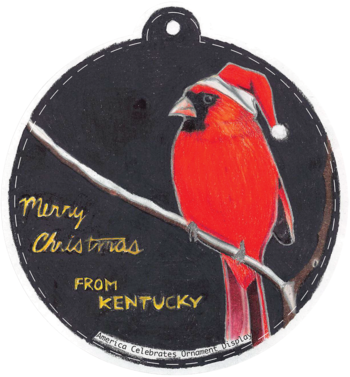 Illustration of a cardinal bird wearing a santa hat. Text reads "Merry Christmas from Kentucky"