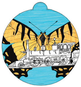 Illustration of a yellow and black striped butterfly and a black and white steam engine