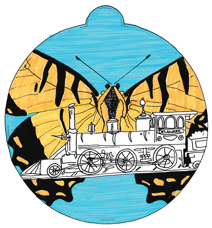 Illustration of a yellow and black striped butterfly and a black and white steam engine