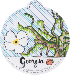 Illustration of magnolia tree and text that reads "Georgia" with a peach
