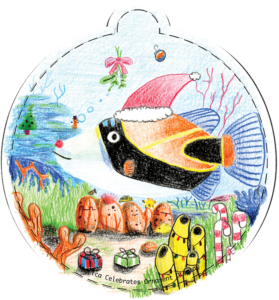 Illustration of a tropical fish with a santa hat
