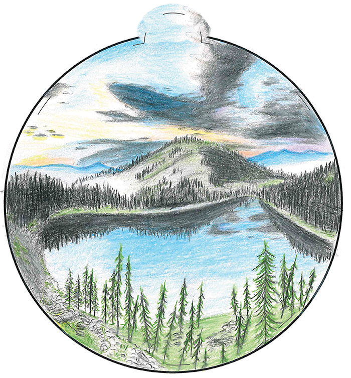 Illustration of a mountain range with a river and evergreen trees