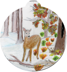 Illustration of a dear in snow among a forest