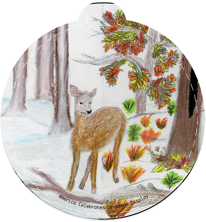 Illustration of a dear in snow among a forest