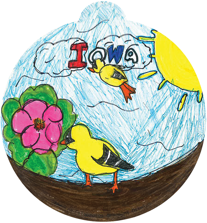 Illustration of birds flying and looking at flowers. Text reads "Iowa"
