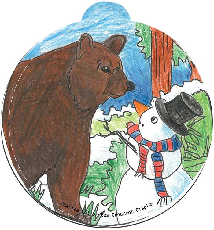 Illustration of a snowman looking up at a bear