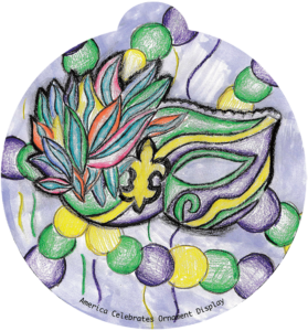 Illustration of a mardi gras mask and beaded necklace