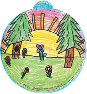 Illustration of flowers in a meadow, two trees, and a sunrise