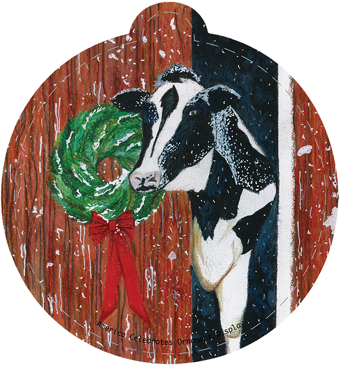 Illustration of a cow in a barn decorated with a Christmas wreath