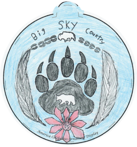 Illustration of a bear paw and a pink flower. Text reads "Big Sky Country"