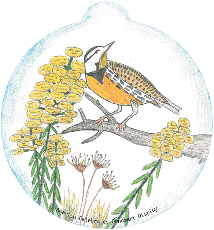 Illustration of a bird on a branch with wildflowers