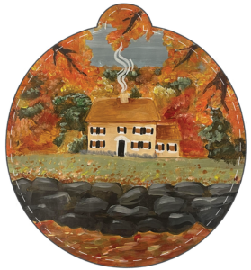 Illustration of the outside of a home during the fall surrounded by orange trees and smoke coming out of the fire place.