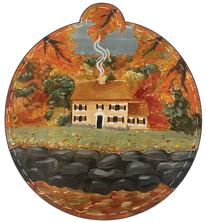 Illustration of the outside of a home during the fall surrounded by orange trees and smoke coming out of the fire place.