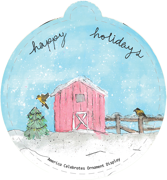 Illustration of a red barn covered in snow with a Christmas tree and gold finch. Text at the top reads "Happy Holidays"
