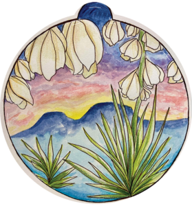 Illustration of yucca flowers in the foreground with a glimpse of mountains and the sunset in the background.